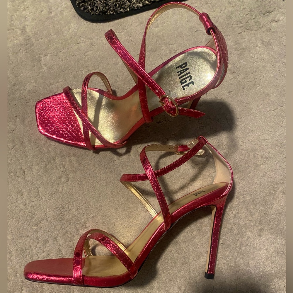 Paige Vera Genuine Snakeskin Strappy Heels Square Toe Pink Metallic 8